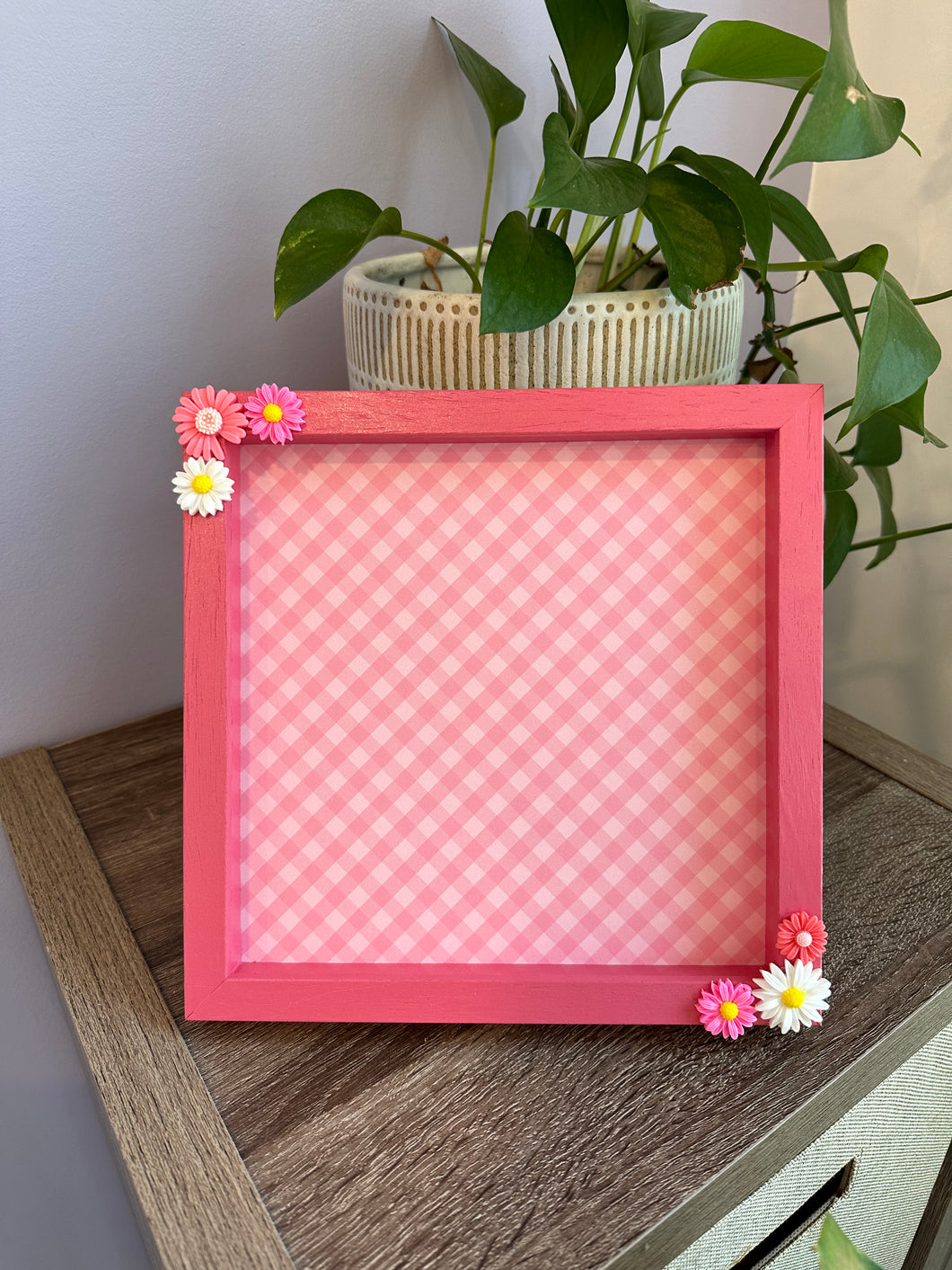 Bright Pink Gingham Flowers Magnetic Board 8X8 Inches